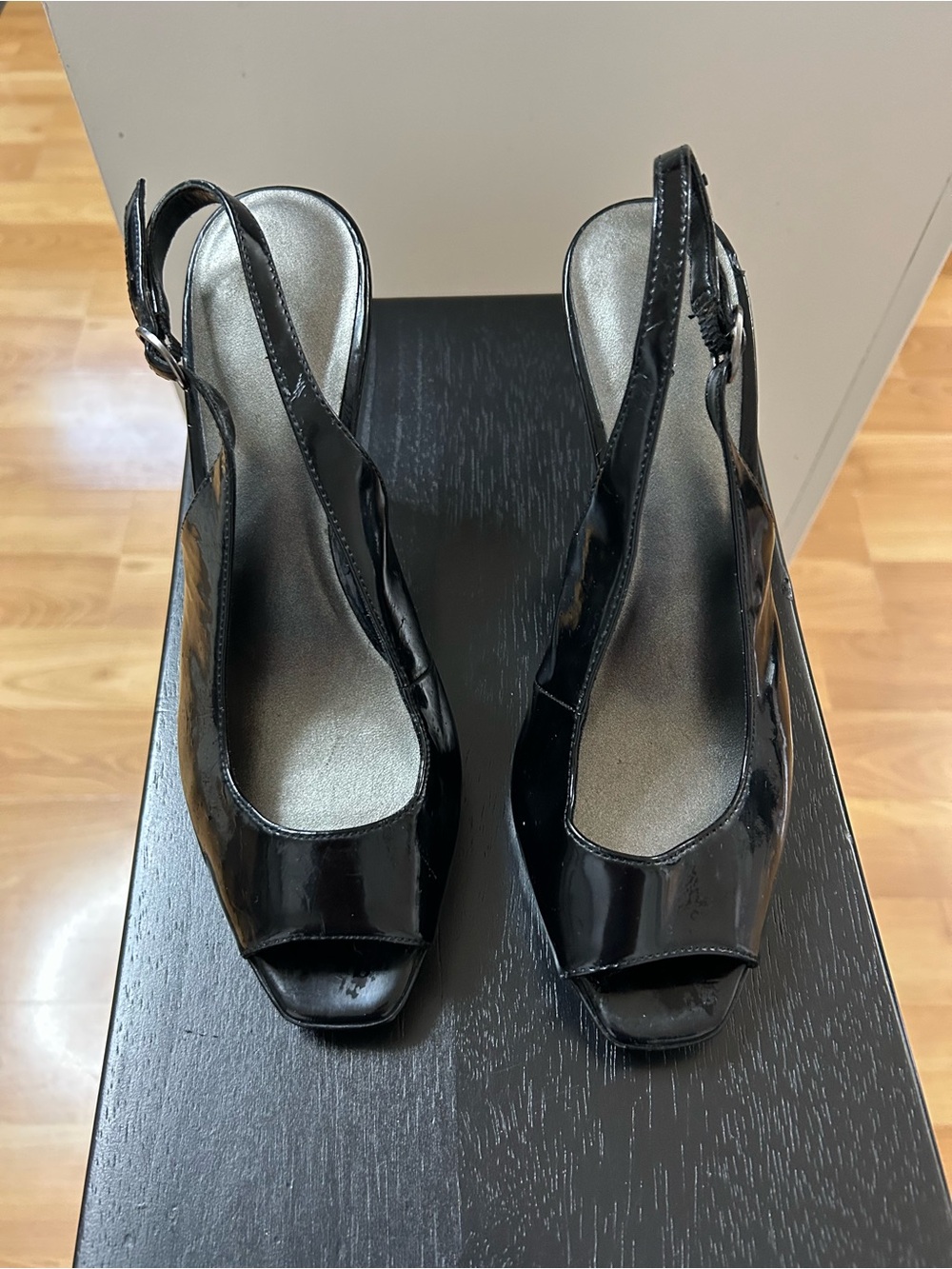 Black Patent Leather Peep-Toe Slingback Heels